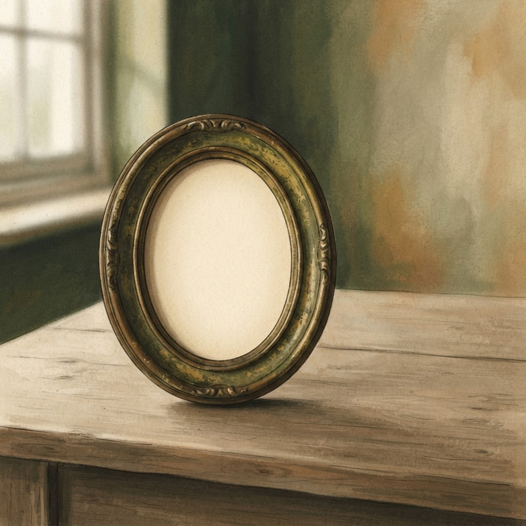 Illustration d'un cadre photographique ancien, vide, posé dans une lumière douce de matin.