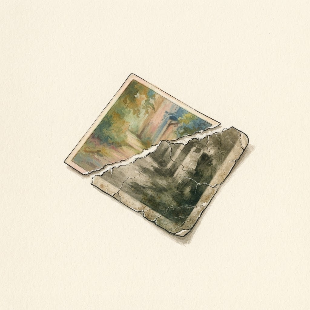 Illustration d'un coin de photographie ancienne, la texture craquelée d'un côté et une teinte retrouvée de l'autre.